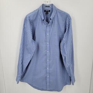 Lands End Shirt Mens 17.5 / 37T Tall Blue Yellow Plaid Button Down Supima Cotton